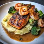 Cajun Salmon with Garlic Mashed Potatoes & Shrimp-Broccoli Saut