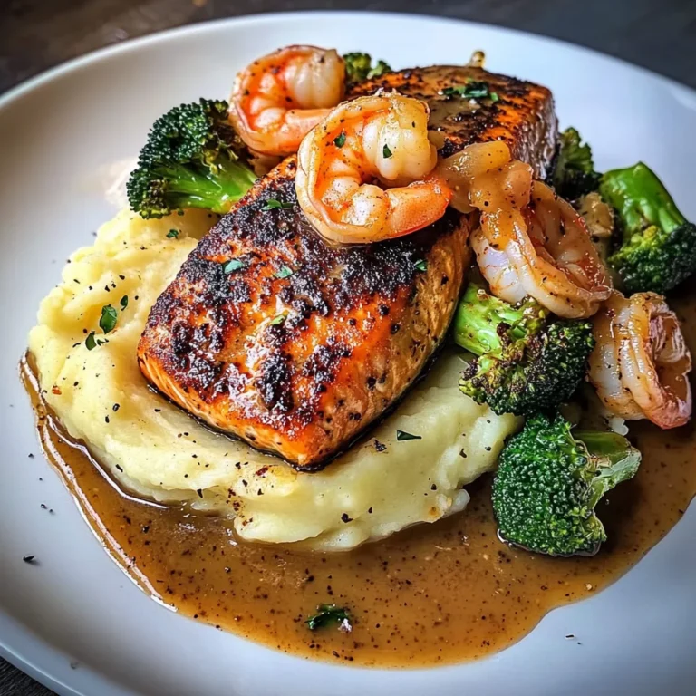 Cajun Salmon with Garlic Mashed Potatoes & Shrimp-Broccoli Saut