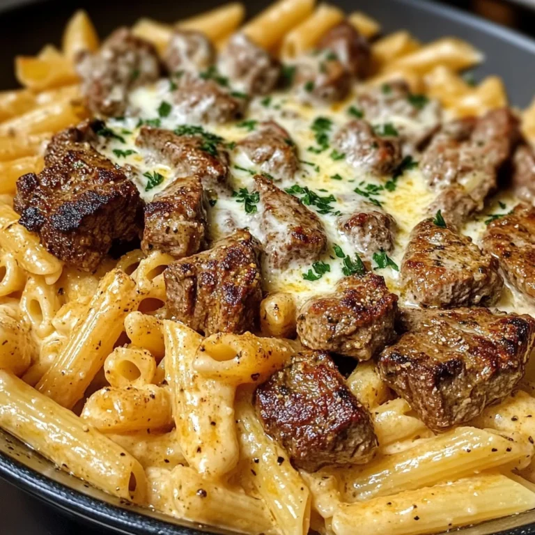 Cajun Steak Tips with Penne in Creamy Parmesan Cheese Sauce