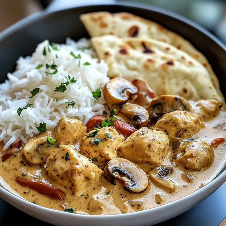 Creamy Chicken Curry with Golden Mushrooms, Rice & Warm Naan