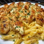 Creamy Garlic Butter Chicken with Cheesy Penne and Parmesan Sauce