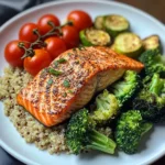 Grilled Salmon Power Plate with Quinoa & Steamed Veggies