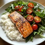 Seared Salmon with Rice & Arugula Tomato Salad