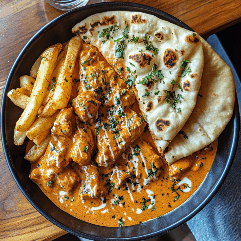 Creamy Butter Chicken with Garlic Drizzle, Fries & Warm Naan