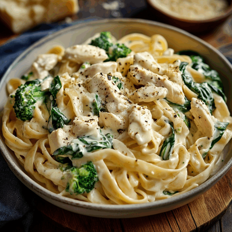 Creamy Chicken turkey Bacon Fettuccine Alfredo with Spinach & Broccoli