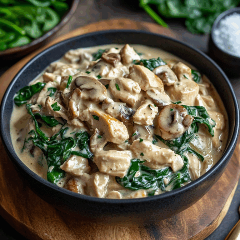 Creamy Slow Cooker Chicken Stroganoff with Spinach and  Crispy turkey  Bacon