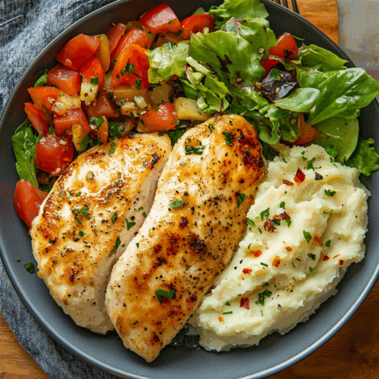 Golden Pan-Seared Chicken Breast with Creamy Mashed Potatoes & Fresh Garden Salad