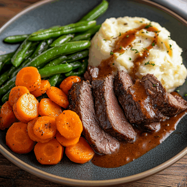 Savory Beef Plate with Mash, Carrots & Green Beans