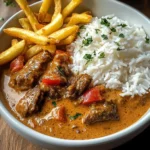 Creamy Coconut Curry Beef with Rice and Fries