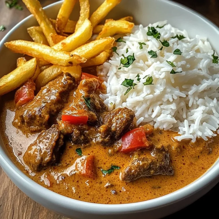 Creamy Coconut Curry Beef with Rice and Fries
