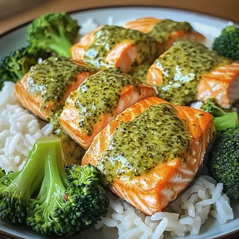 Creamy Pesto Salmon with Broccoli & Rice