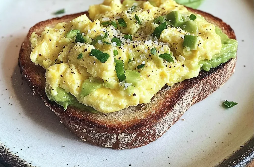 Creamy Scrambled Eggs with Avocado Toast & Iced Matcha Latte