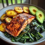 Glazed Salmon with Plantains, Spinach & Avocado Bliss Bowl