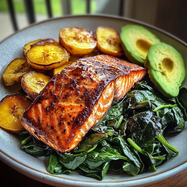Glazed Salmon with Plantains, Spinach & Avocado Bliss Bowl