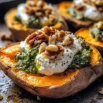 Stuffed Sweet Potatoes with Burrata, Toasted Walnuts & Sage Pesto