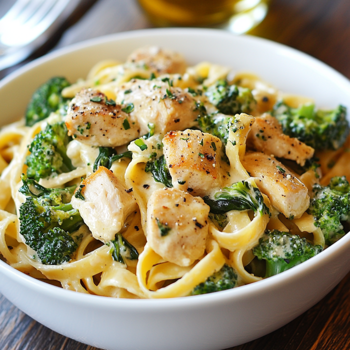 Chicken, turkey Bacon & Spinach Alfredo Fettuccine with Broccoli