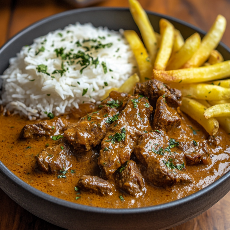 Coconut-Infused Beef Curry with Fries and Rice