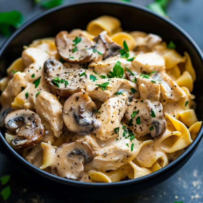 Creamy Slow Cooker Chicken turkey Bacon Stroganoff with Mushrooms & Herbed Noodles
