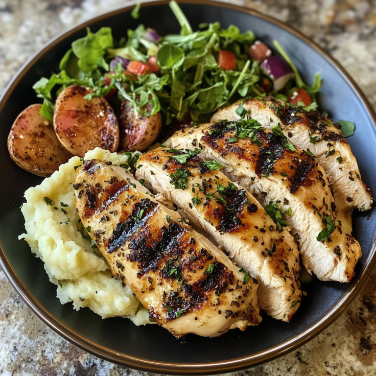 Grilled Garlic Herb Chicken with Creamy Mashed Potatoes & Fresh Garden Salad