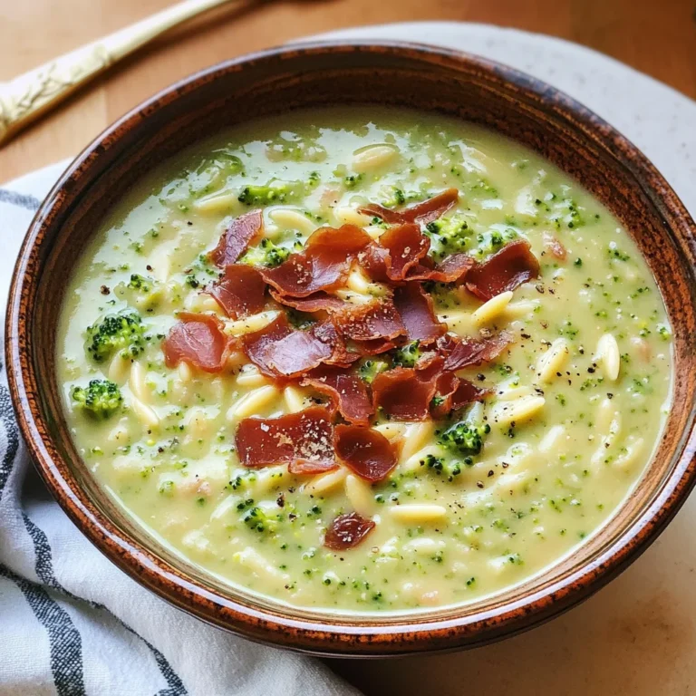 Broccoli Cheddar Orzo Soup with Crispy Prosciutto